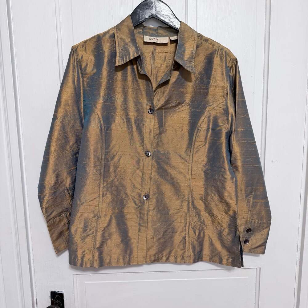 Anii By Natural Vintage 100% Pure Silk Shimmer Gold Button Down Blouse Shirt L
